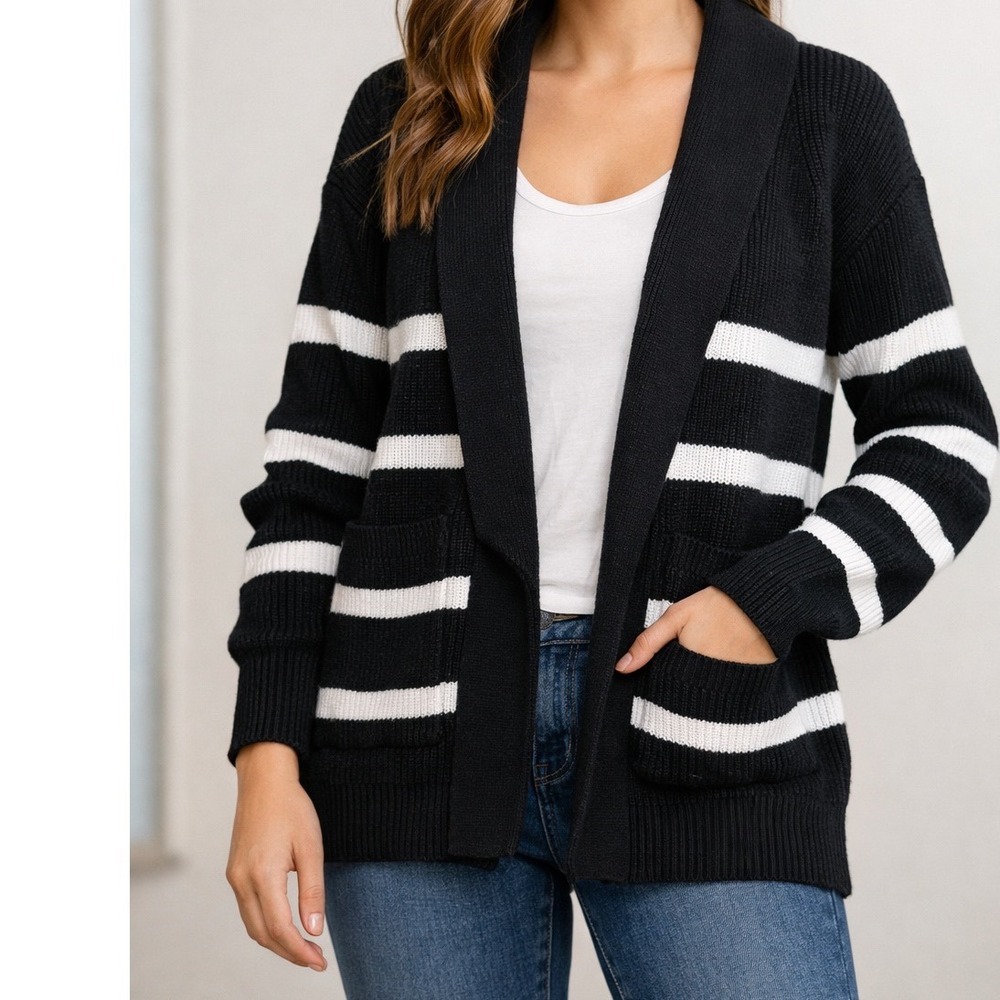 A New Day Black White Striped Shawl Collar Cardigan Sweater XS